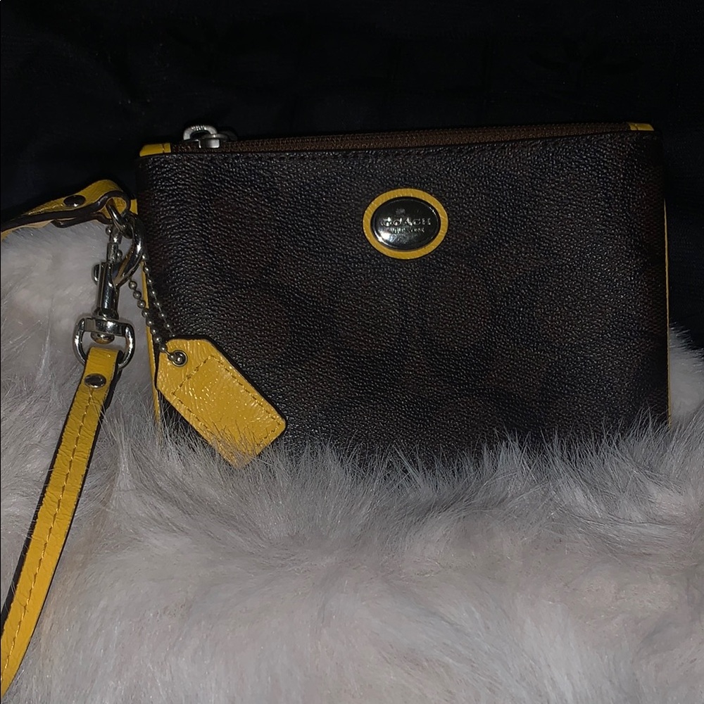 Coach Brown and Yellow Wristlet with Gold Accents FIRM!